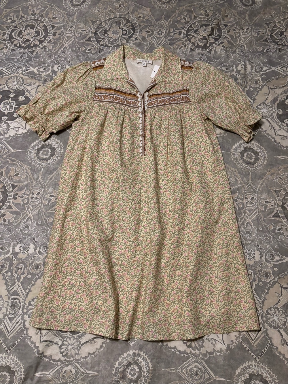 THML Pink and Green Floral Boho Short Sleeve Smocked Dress